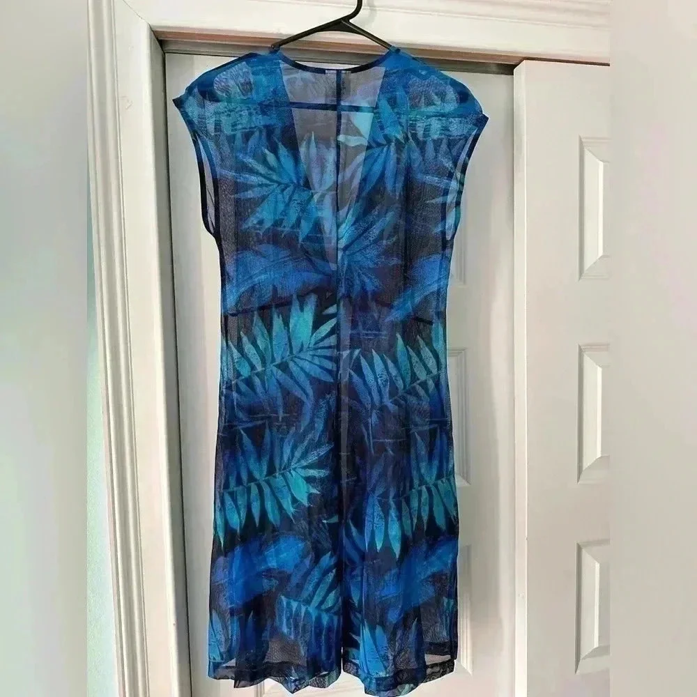 Miraclesuit Blue Palm Leaf Tie Front Beach Swim Cover Up Dress Sheer Sz M NWOT